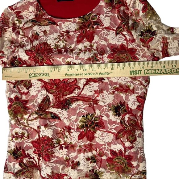 Y2K Vintage‎ Brittany Black Women's L Floral All Over Top Lace Mesh Red White - Picture 8 of 8